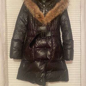 Mackage Dark Brown Puffer Coat with Faux Fur Trim